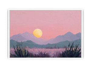 Dreamy lavender mountain landscape canvas art with moon for peaceful bedroom decor.