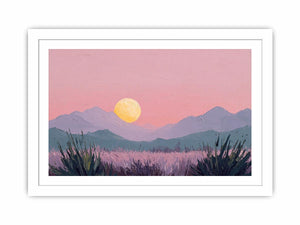 Dreamy lavender mountain landscape canvas art with moon for peaceful bedroom decor.