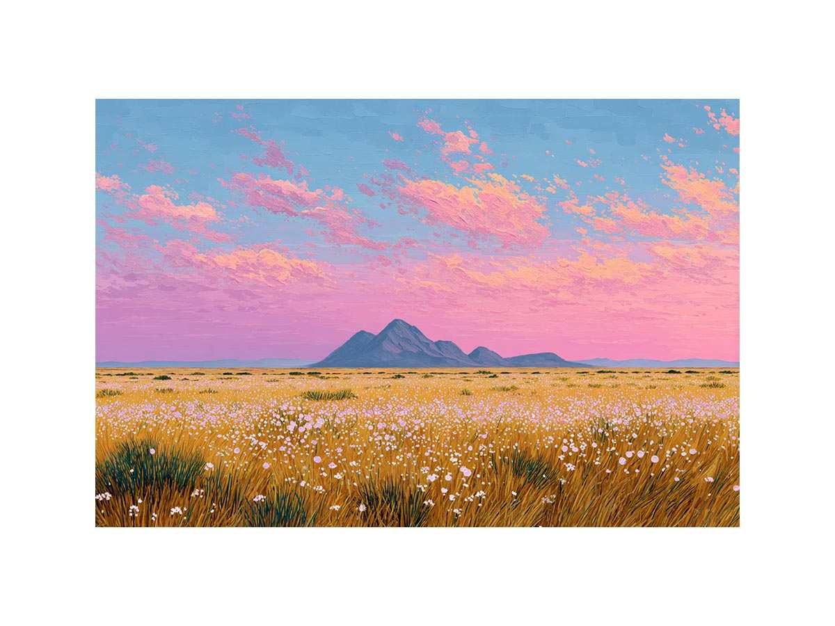 Golden wildflower desert landscape canvas art with pink sky for modern living room decor.