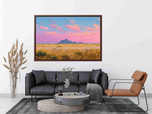 Golden wildflower desert landscape canvas art with pink sky for modern living room decor.