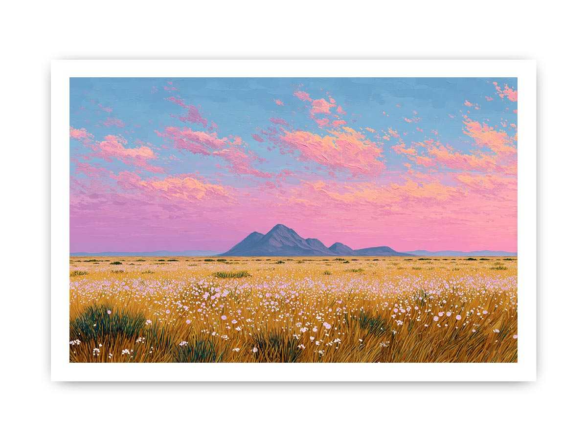 Golden wildflower desert landscape canvas art with pink sky for modern living room decor.