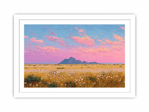 Golden wildflower desert landscape canvas art with pink sky for modern living room decor.