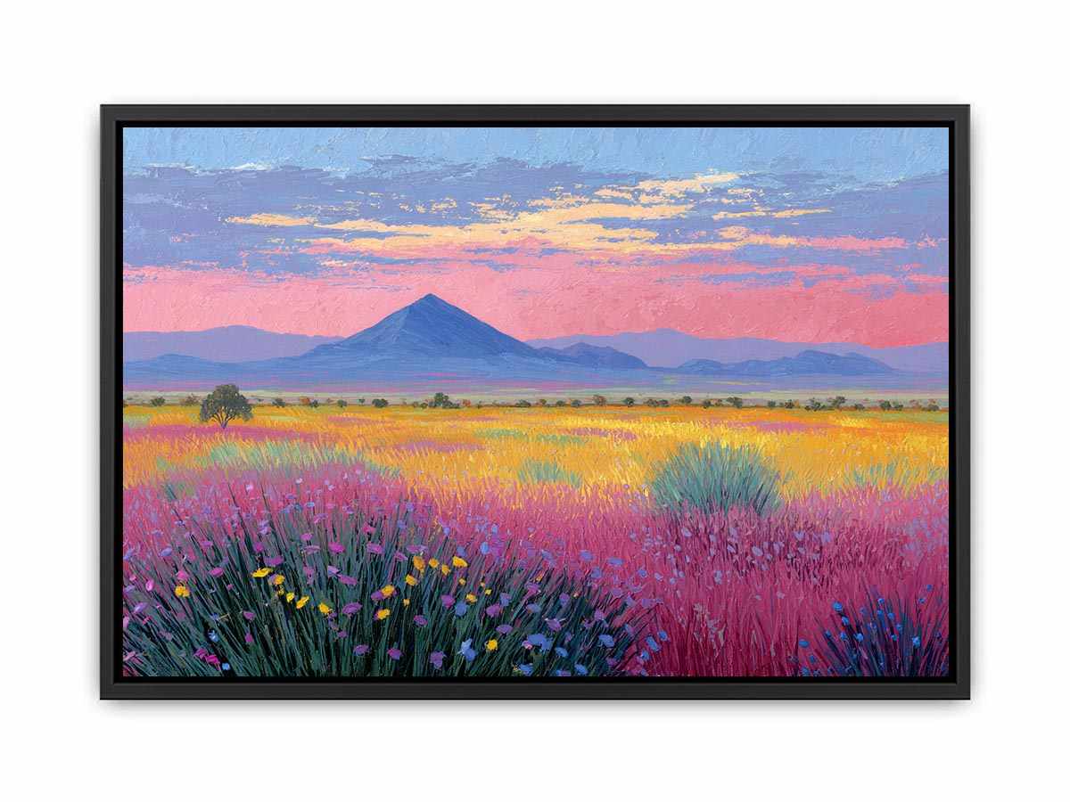 Colourful wildflower mountain canvas art for bright modern living room decor.