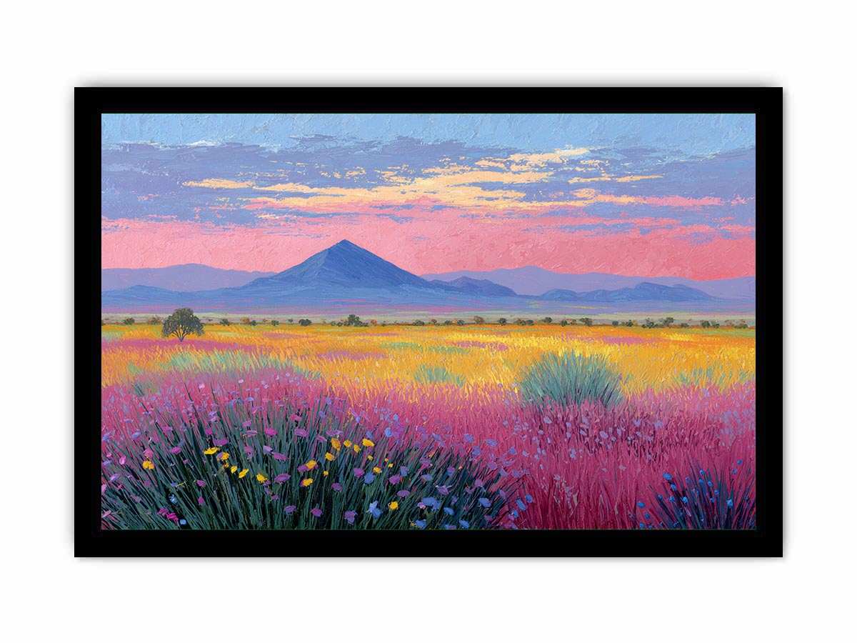 Colourful wildflower mountain canvas art for bright modern living room decor.