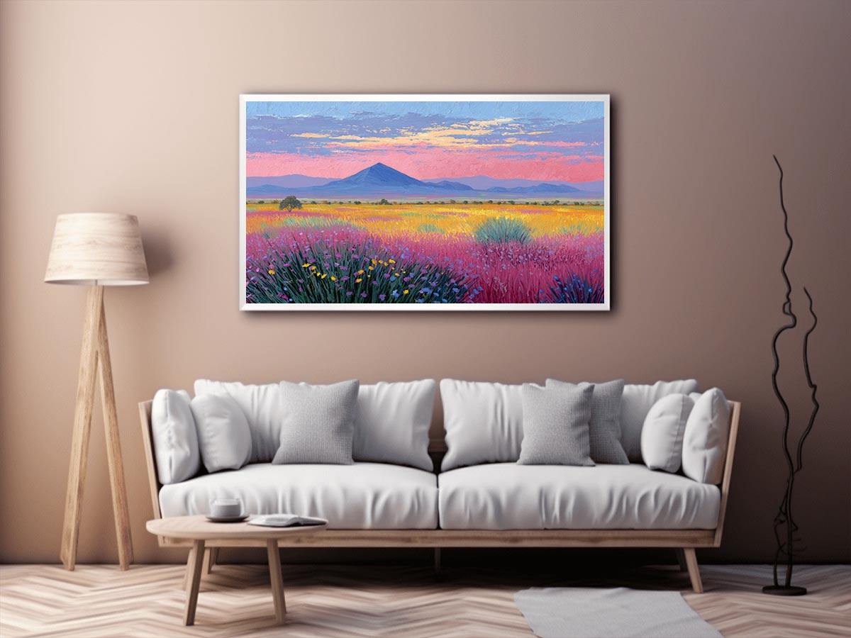 Colourful wildflower mountain canvas art for bright modern living room decor.