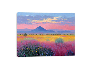 Colourful wildflower mountain canvas art for bright modern living room decor.
