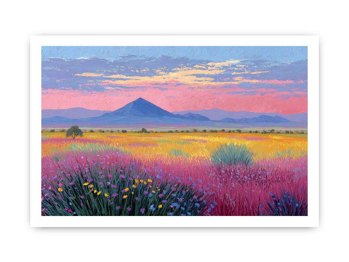 Colourful wildflower mountain canvas art for bright modern living room decor.