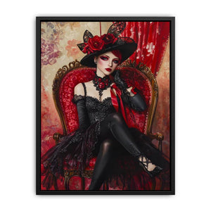 Dramatic gothic woman portrait canvas art with red chair for luxury bedroom decor.