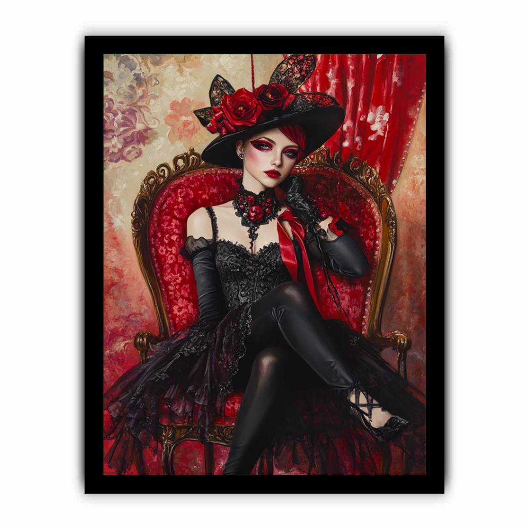 Dramatic gothic woman portrait canvas art with red chair for luxury bedroom decor.