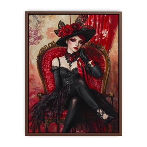 Dramatic gothic woman portrait canvas art with red chair for luxury bedroom decor.