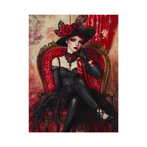 Dramatic gothic woman portrait canvas art with red chair for luxury bedroom decor.