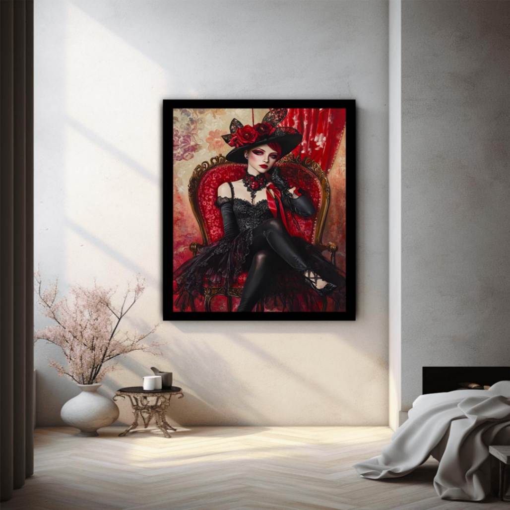 Dramatic gothic woman portrait canvas art with red chair for luxury bedroom decor.