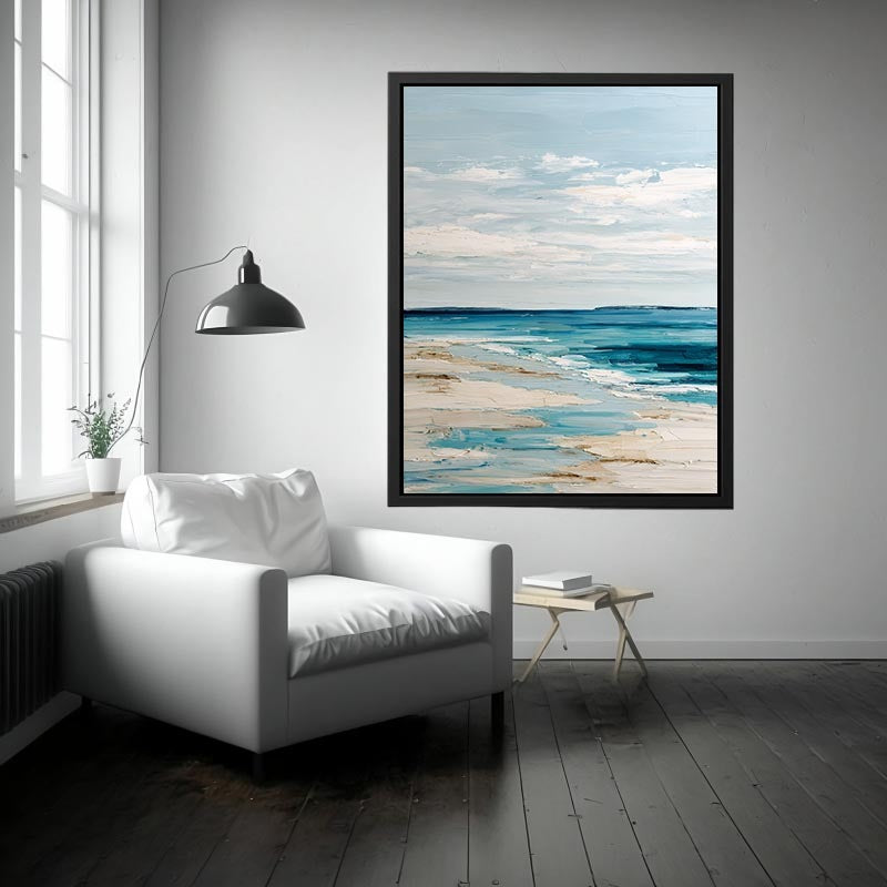 Minimal coastal canvas art with blue ocean and sandy beach tones for serene bedroom decor.