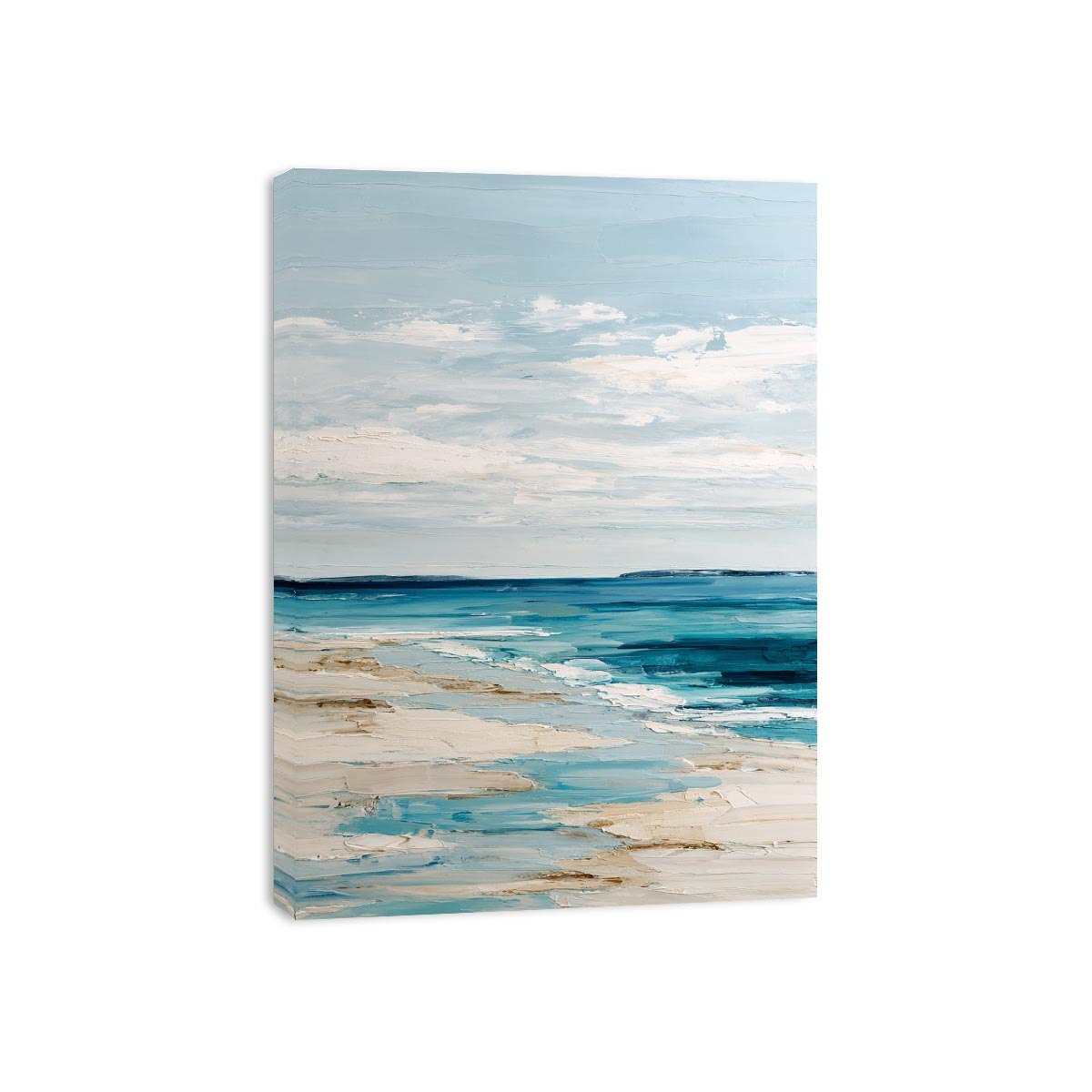 Minimal coastal canvas art with blue ocean and sandy beach tones for serene bedroom decor.