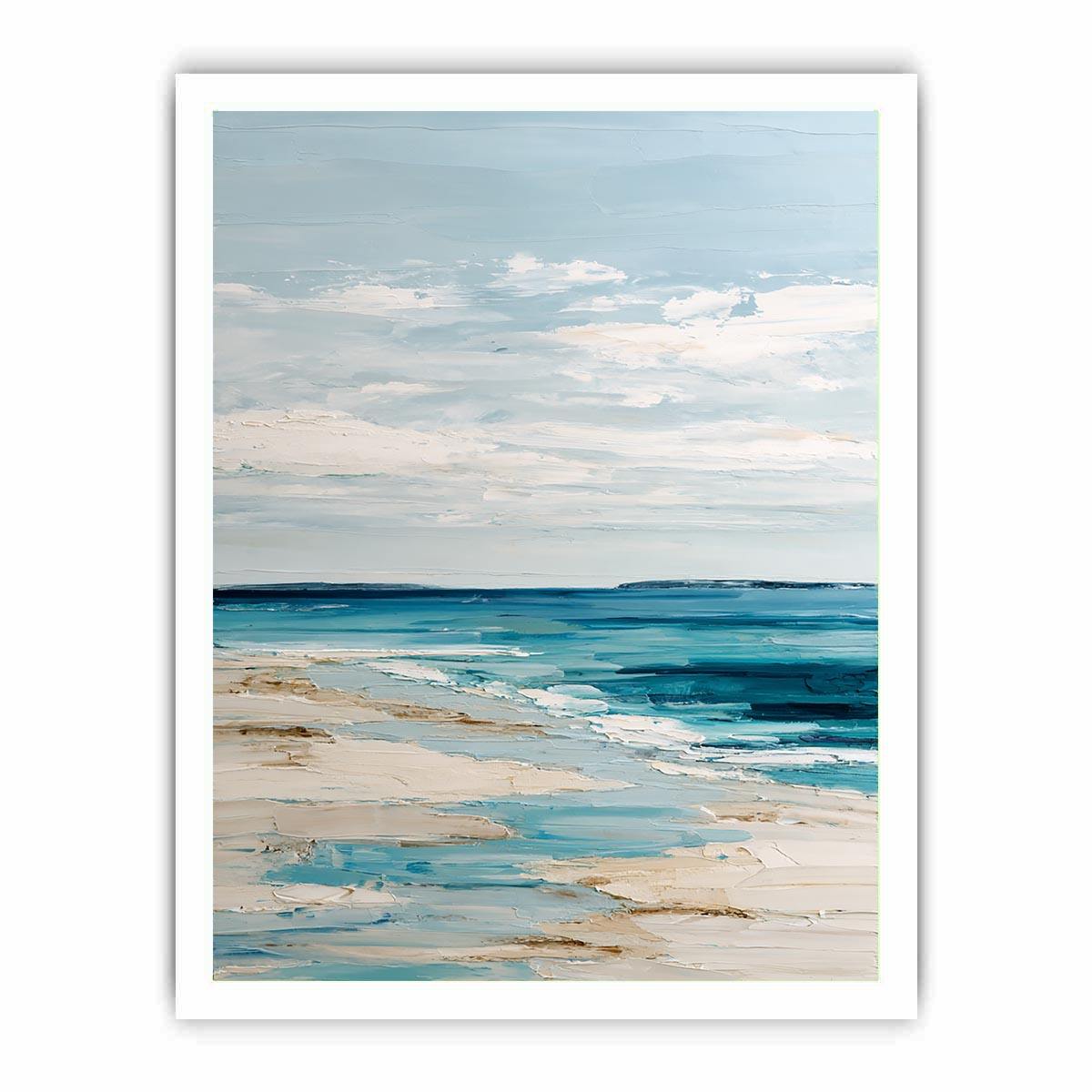 Minimal coastal canvas art with blue ocean and sandy beach tones for serene bedroom decor.