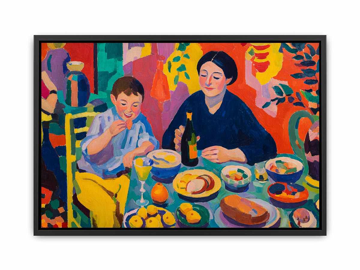Colourful family dining canvas art for eclectic kitchen and dining room decor.