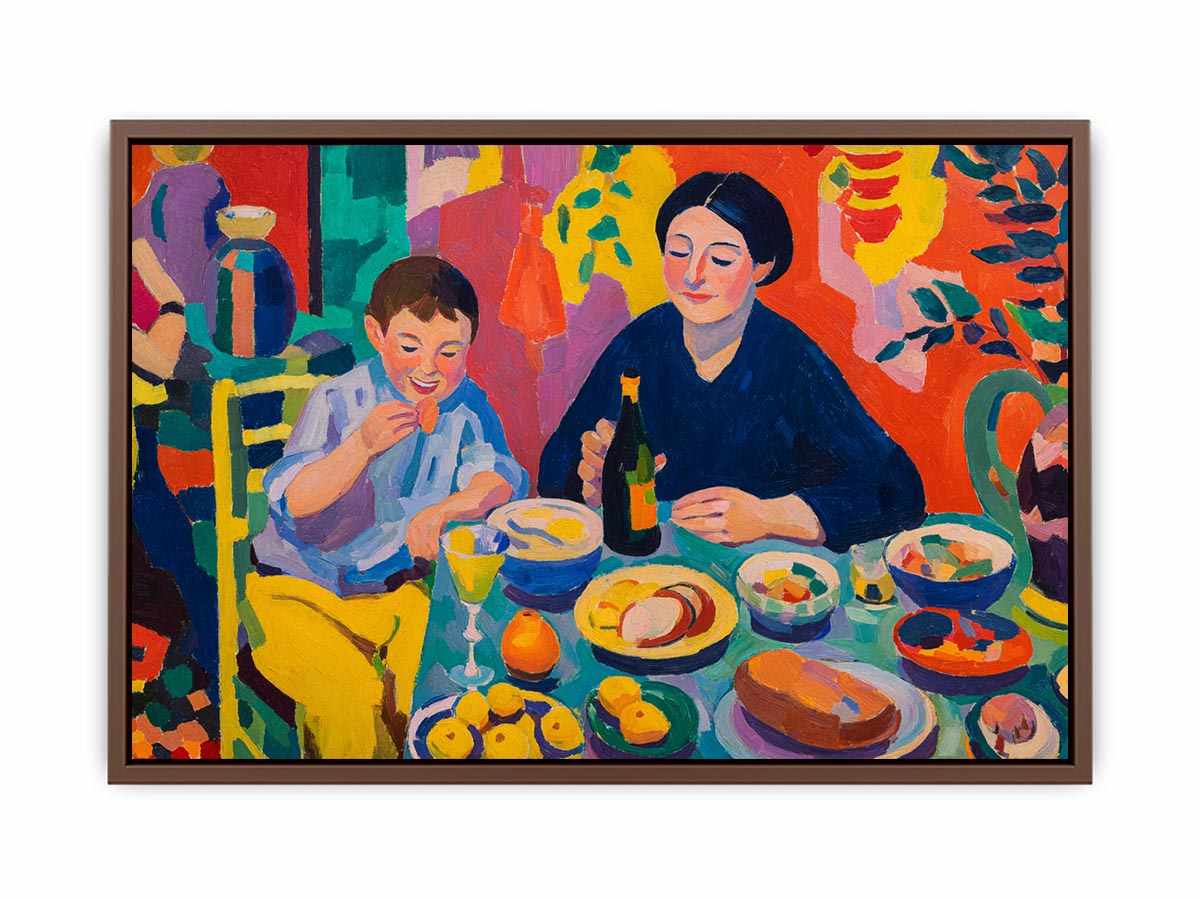 Colourful family dining canvas art for eclectic kitchen and dining room decor.
