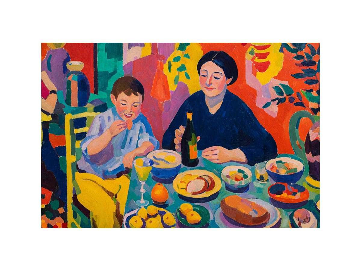 Colourful family dining canvas art for eclectic kitchen and dining room decor.