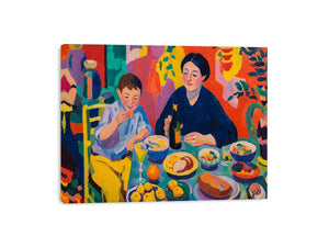 Colourful family dining canvas art for eclectic kitchen and dining room decor.