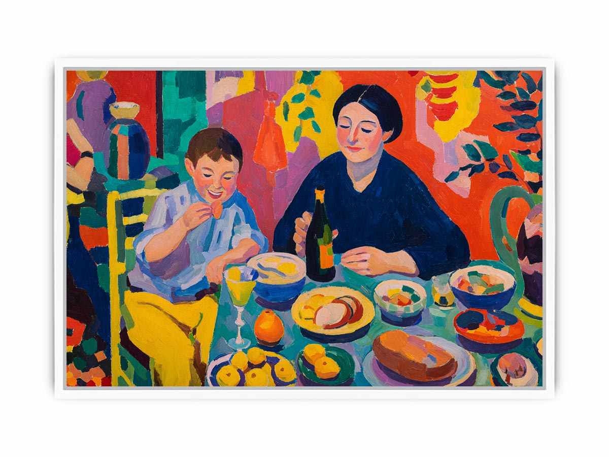 Colourful family dining canvas art for eclectic kitchen and dining room decor.