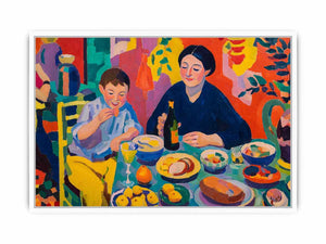 Colourful family dining canvas art for eclectic kitchen and dining room decor.