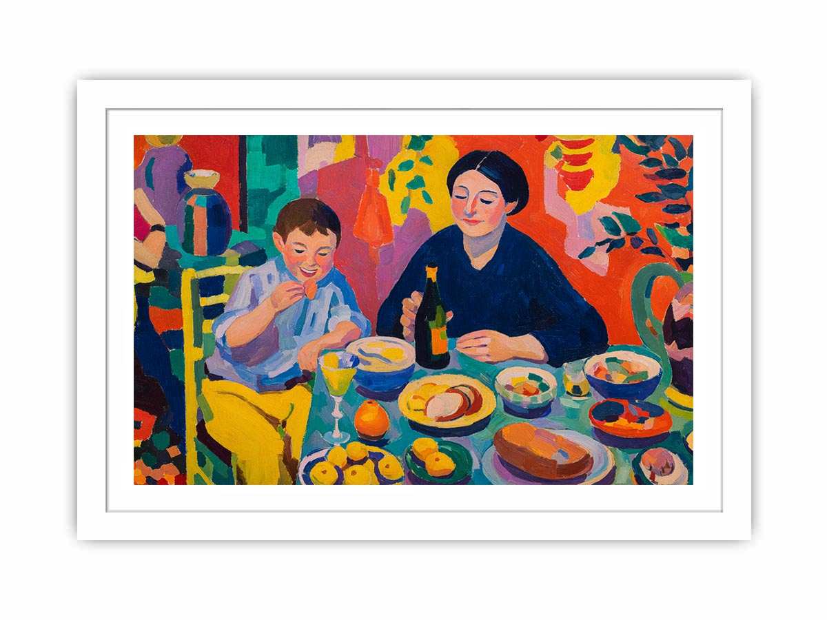 Colourful family dining canvas art for eclectic kitchen and dining room decor.