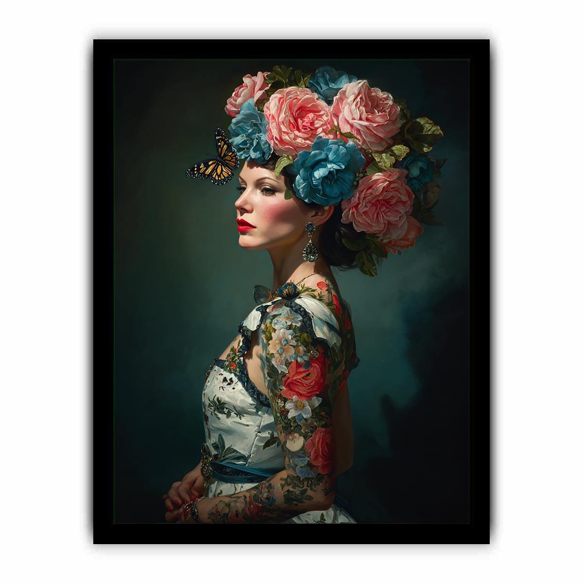 Luxury floral woman portrait canvas art with butterflies for elegant bedroom decor.