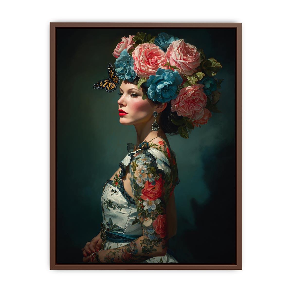 Luxury floral woman portrait canvas art with butterflies for elegant bedroom decor.