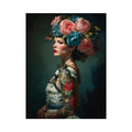 Luxury floral woman portrait canvas art with butterflies for elegant bedroom decor.