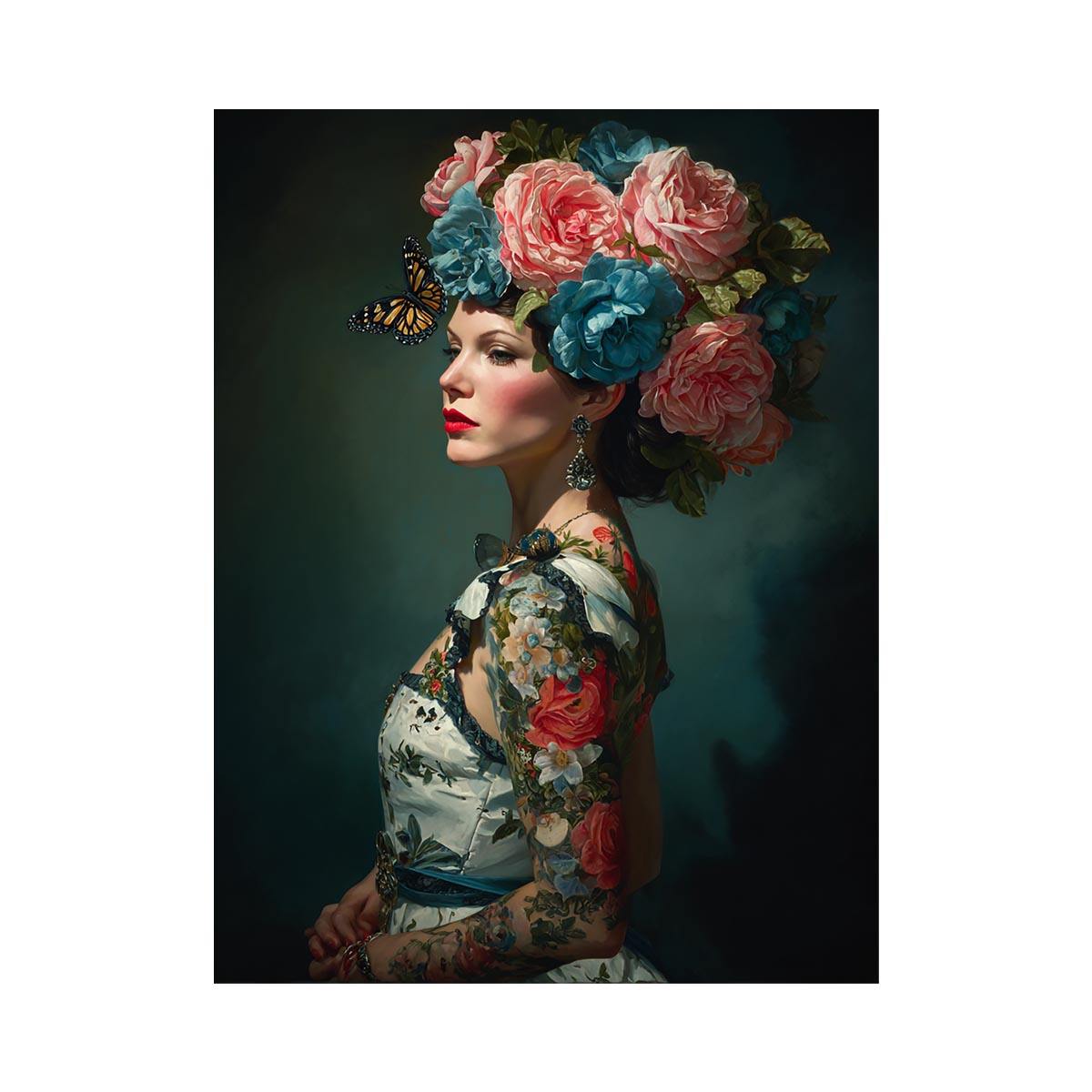 Luxury floral woman portrait canvas art with butterflies for elegant bedroom decor.
