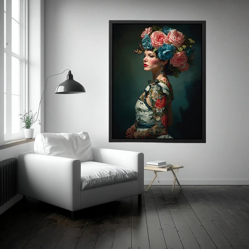 Luxury floral woman portrait canvas art with butterflies for elegant bedroom decor.