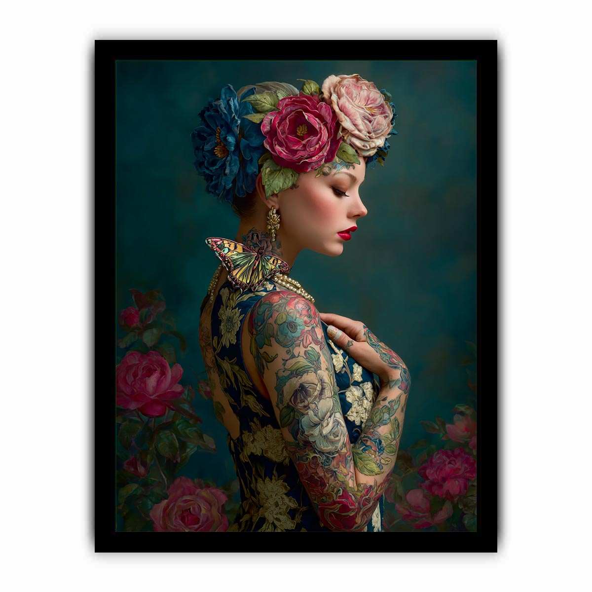 Elegant floral portrait canvas art with butterfly and teal tones for luxury bedroom decor.