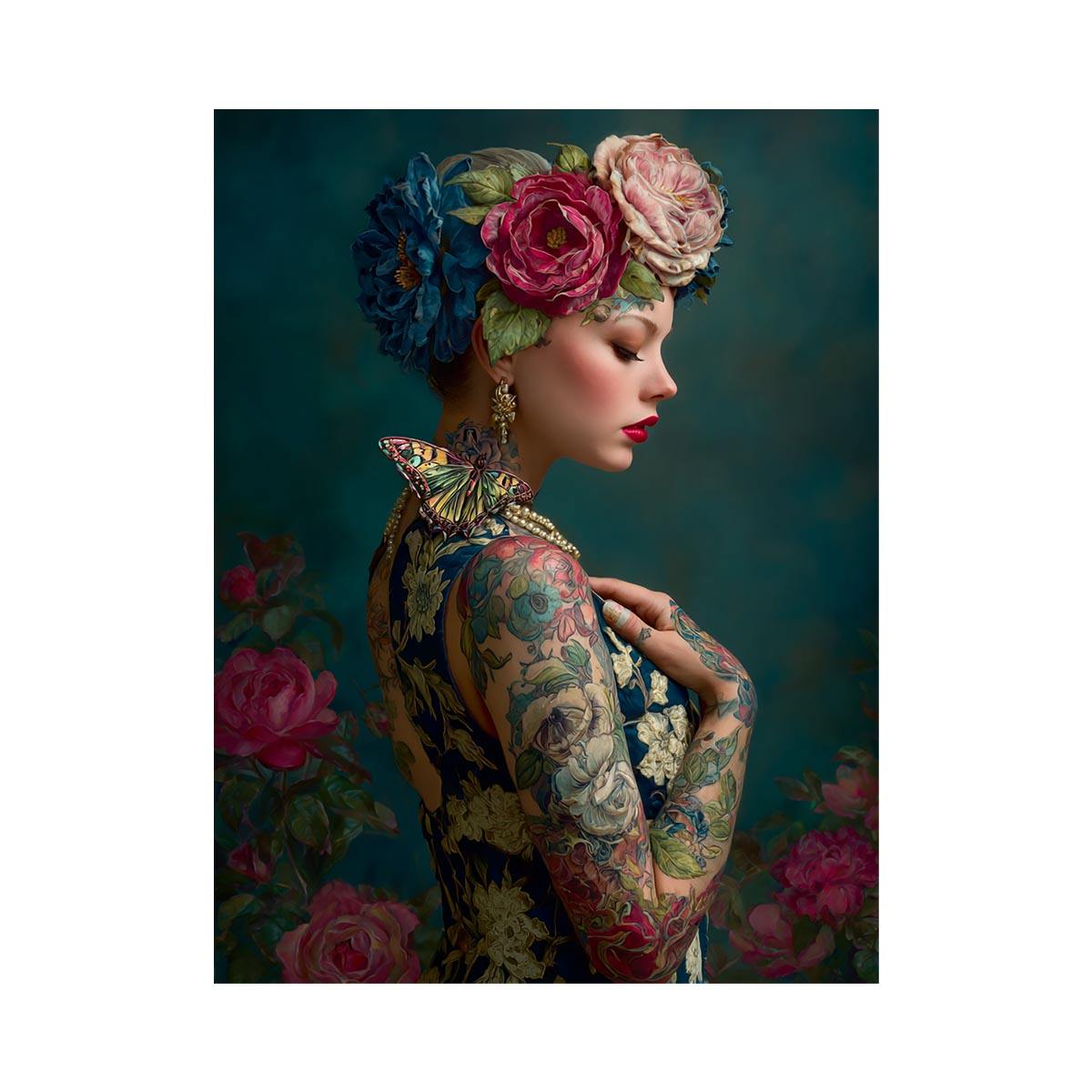 Elegant floral portrait canvas art with butterfly and teal tones for luxury bedroom decor.