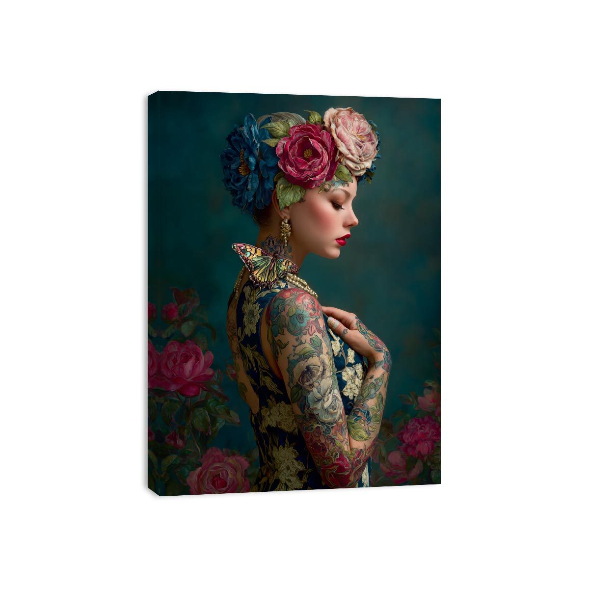 Elegant floral portrait canvas art with butterfly and teal tones for luxury bedroom decor.
