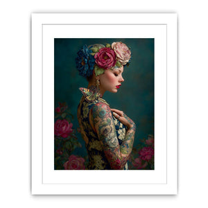 Elegant floral portrait canvas art with butterfly and teal tones for luxury bedroom decor.