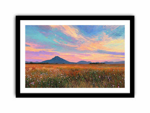 Pastel mountain landscape canvas art with meadow and sunset sky for modern living room decor.