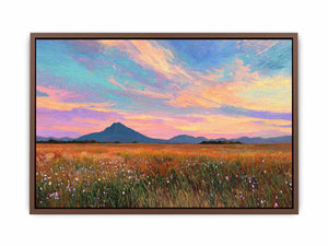 Pastel mountain landscape canvas art with meadow and sunset sky for modern living room decor.