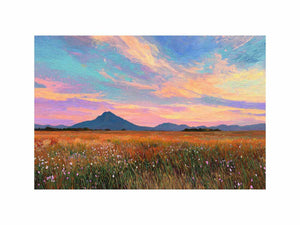 Pastel mountain landscape canvas art with meadow and sunset sky for modern living room decor.