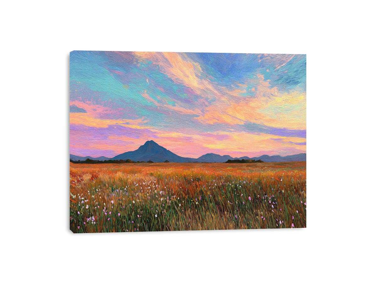 Pastel mountain landscape canvas art with meadow and sunset sky for modern living room decor.
