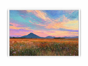 Pastel mountain landscape canvas art with meadow and sunset sky for modern living room decor.