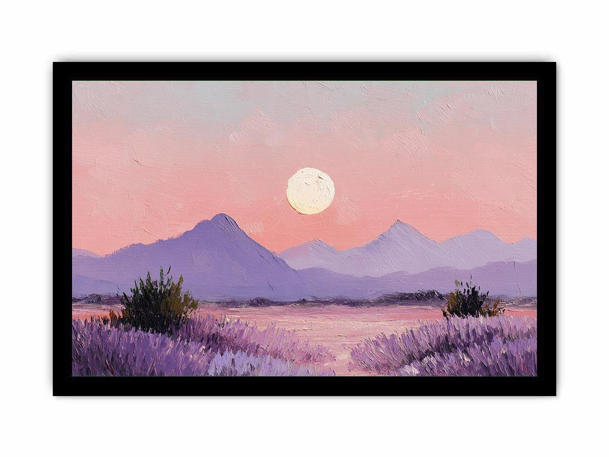 Soft lavender moon mountain canvas art for peaceful bedroom and nursery decor.