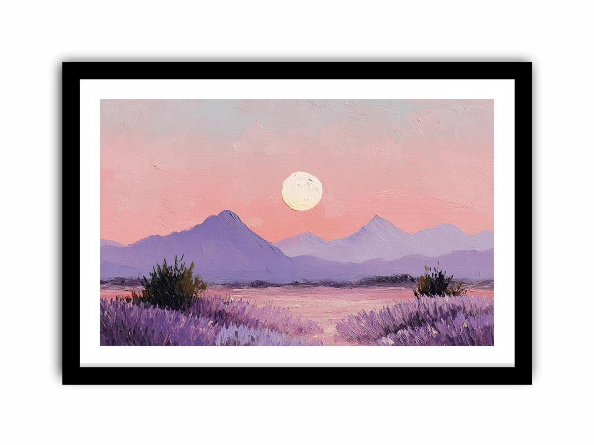 Soft lavender moon mountain canvas art for peaceful bedroom and nursery decor.