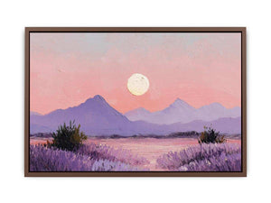 Soft lavender moon mountain canvas art for peaceful bedroom and nursery decor.