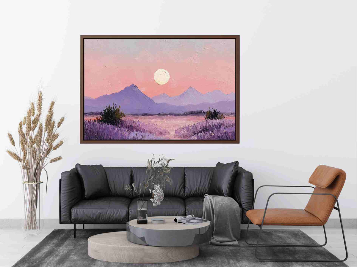 Soft lavender moon mountain canvas art for peaceful bedroom and nursery decor.