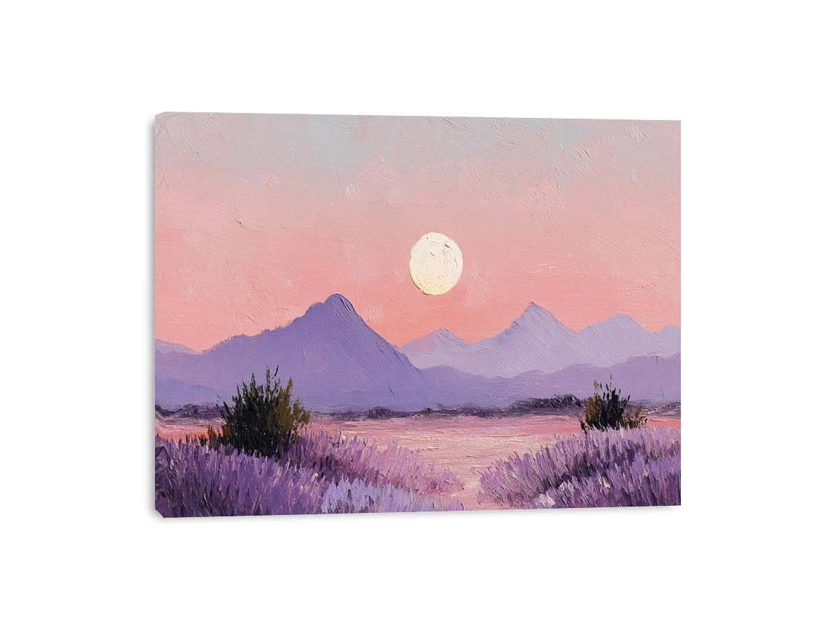 Soft lavender moon mountain canvas art for peaceful bedroom and nursery decor.