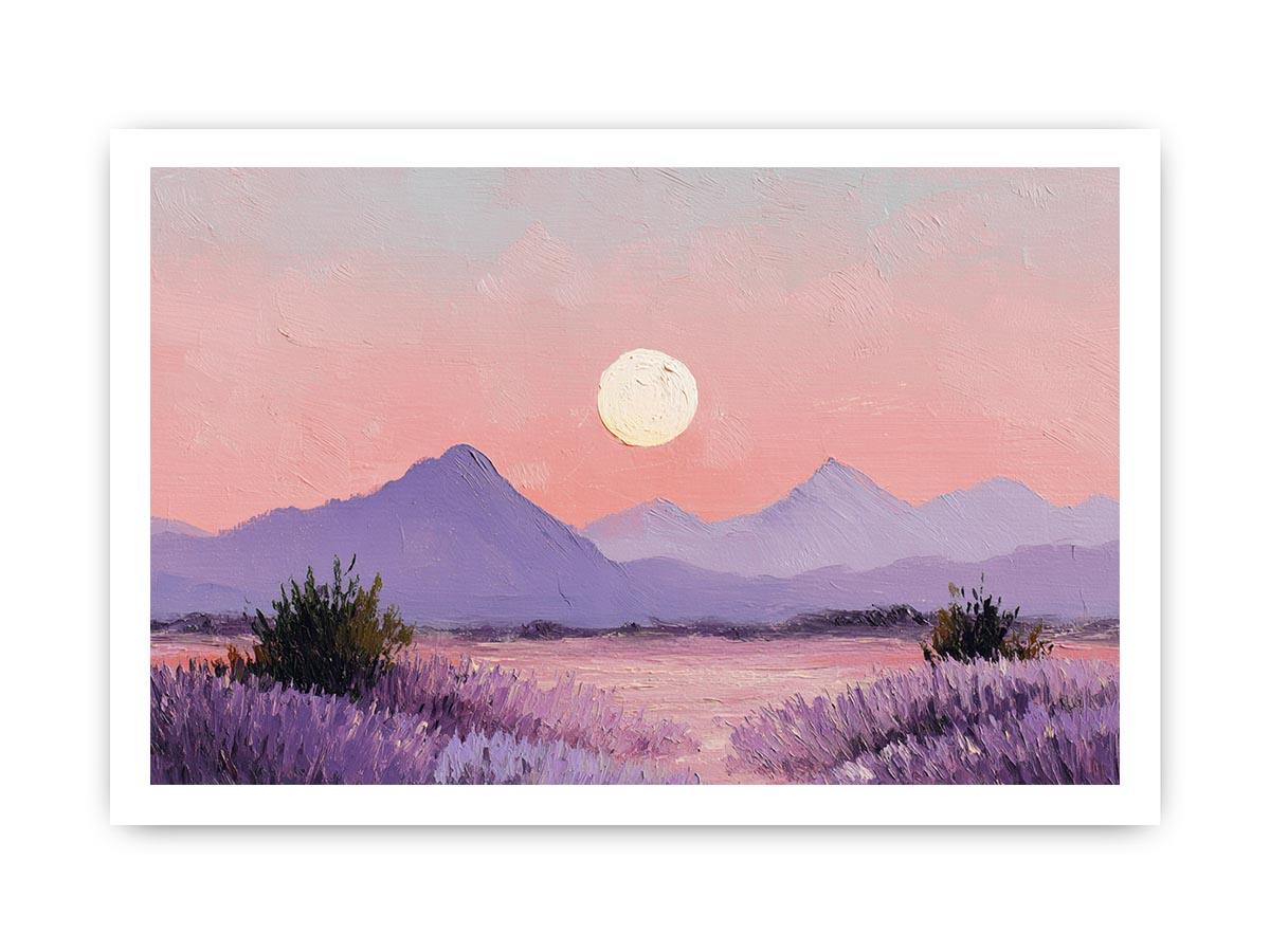 Soft lavender moon mountain canvas art for peaceful bedroom and nursery decor.