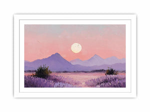 Soft lavender moon mountain canvas art for peaceful bedroom and nursery decor.