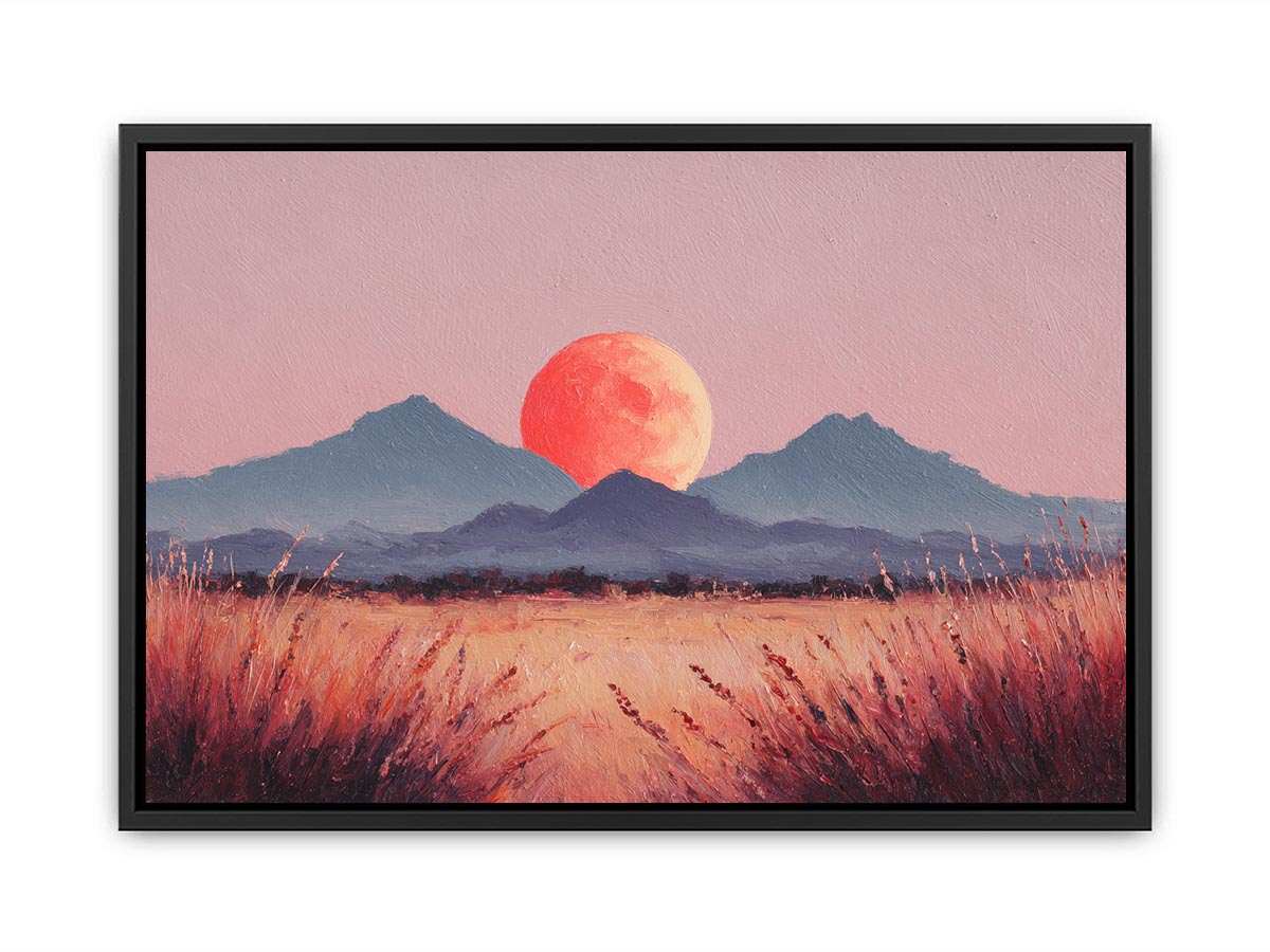 Coral moon mountain canvas art with warm desert grasses for modern bedroom decor.