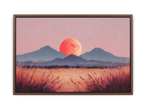 Coral moon mountain canvas art with warm desert grasses for modern bedroom decor.