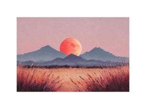Coral moon mountain canvas art with warm desert grasses for modern bedroom decor.